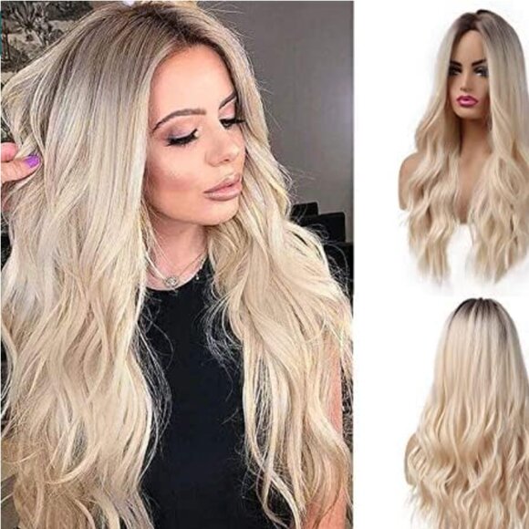 Womens 💗 Blonde And Brown Synthetic Ombre 26" Long Wavy Breathable Cap Wig 💗 - Picture 1 of 16